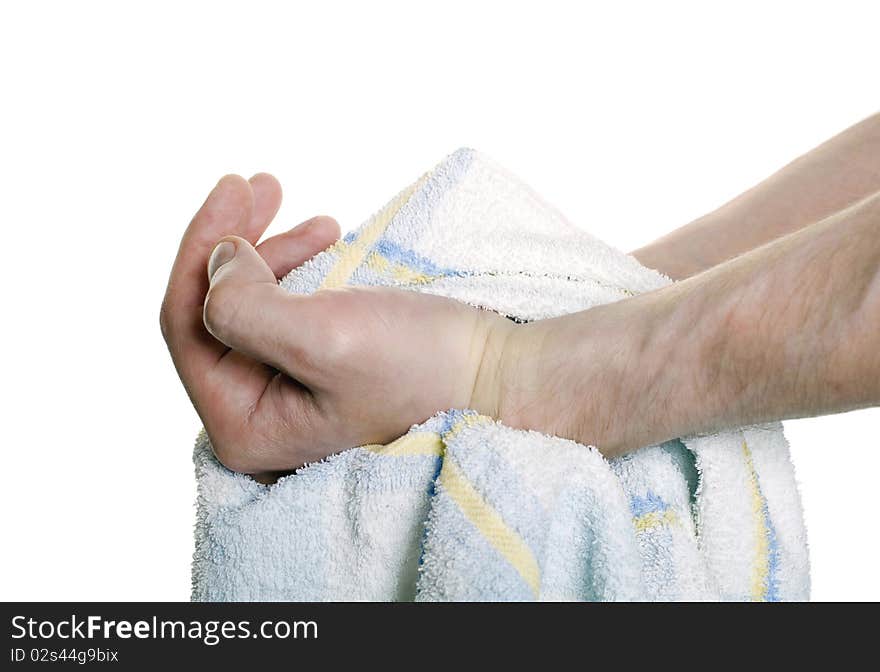 Hands with a towel isolated over white