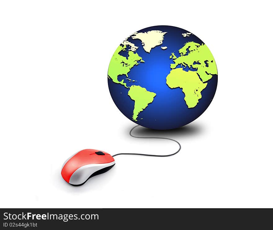 Image of mouse connected to blue globe. Image of mouse connected to blue globe