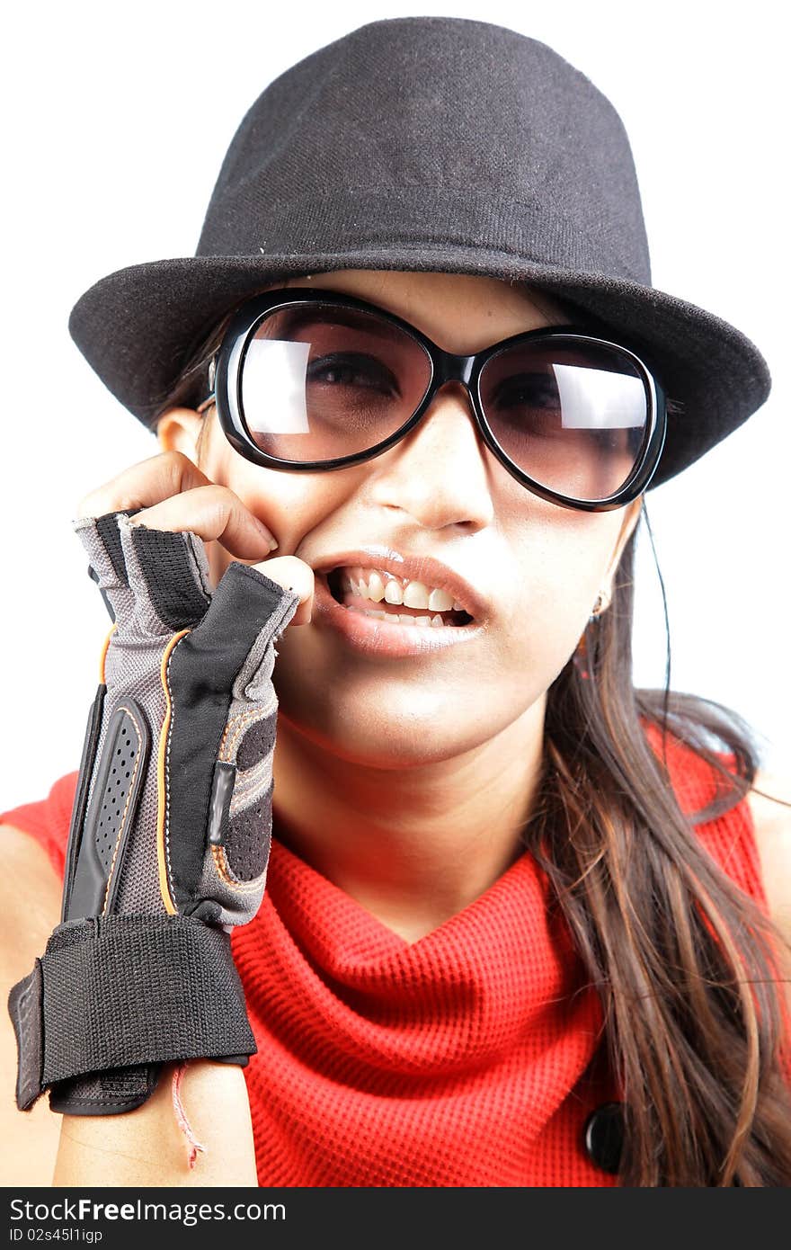 Female girl with rough expressions in studio.