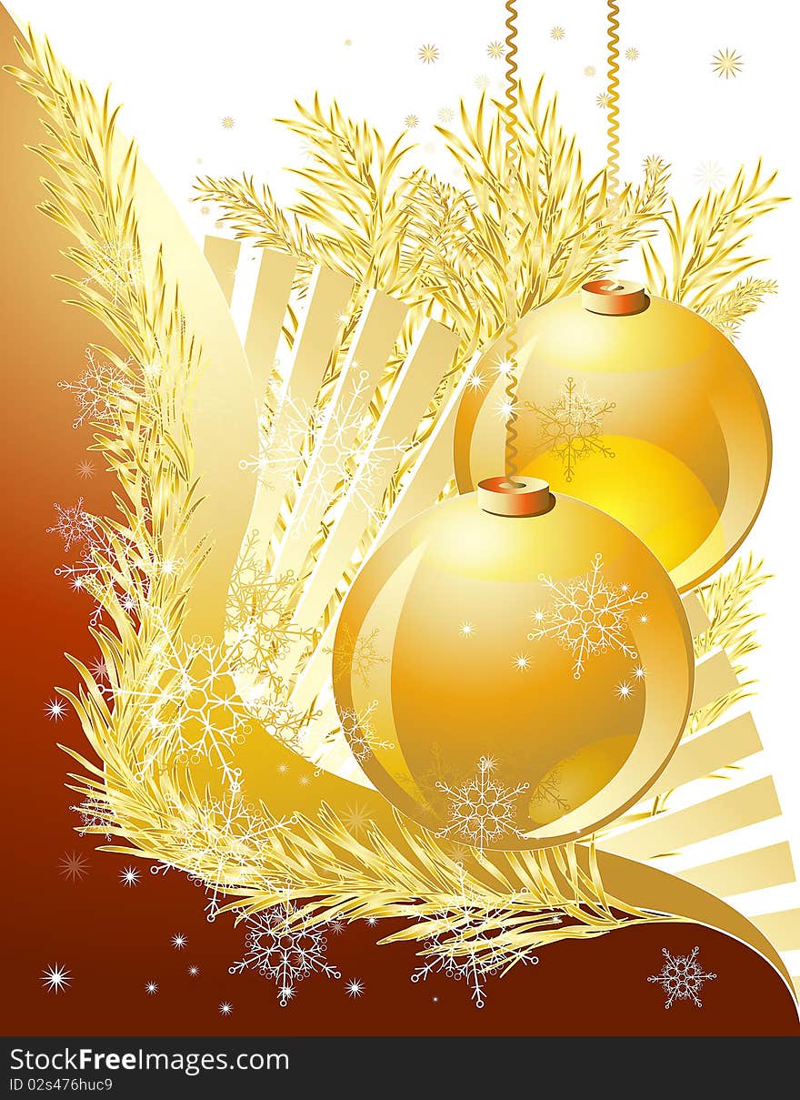 Branch of xmas tree with decoration balls and snowflakes on the gradient background. Branch of xmas tree with decoration balls and snowflakes on the gradient background