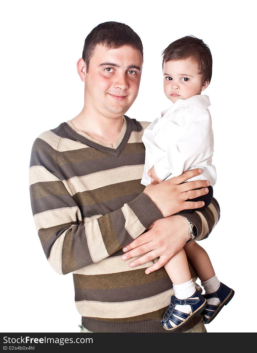 Father holds son on hands. Isolated on white