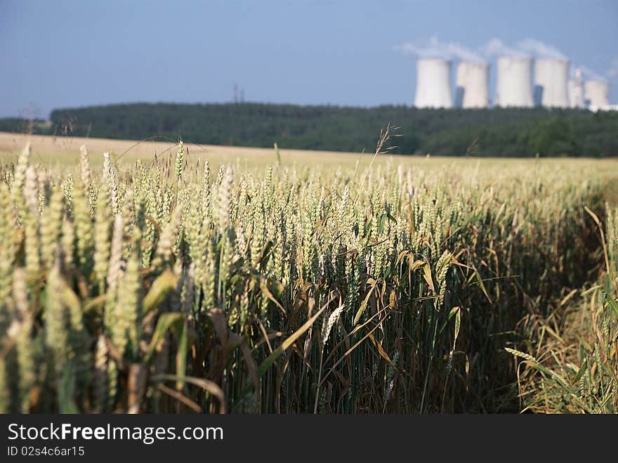 Atomic power station with cornfield in summer