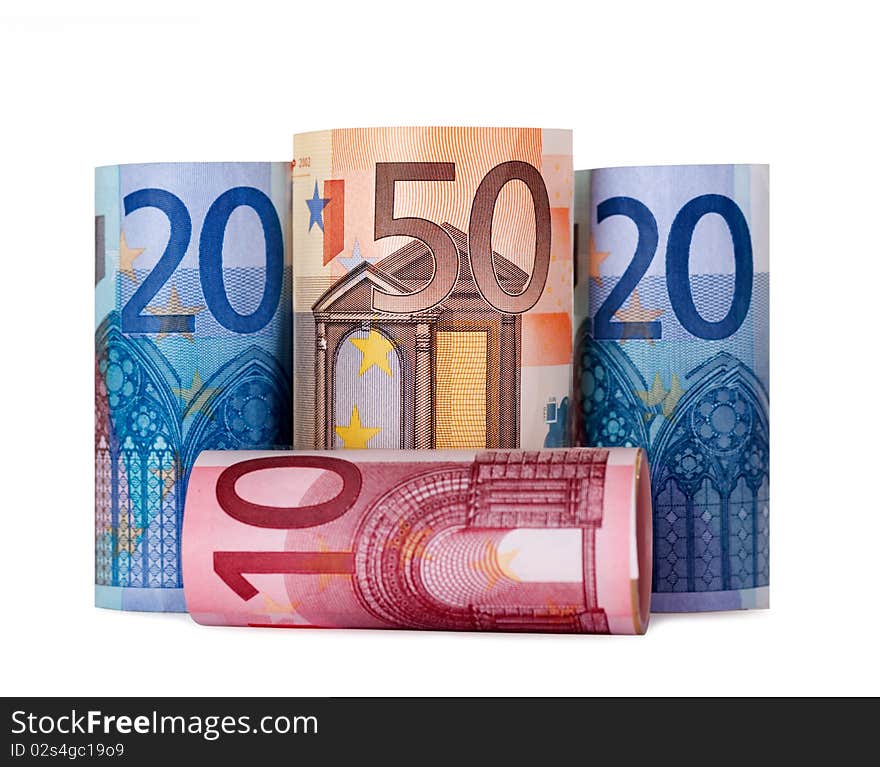 Rolled up hundred euro isolated on white Background