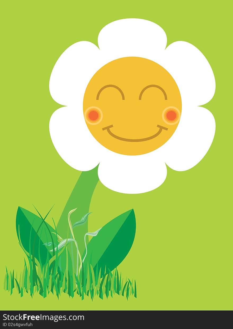 An illustration with smiling chamomile cartoon. An illustration with smiling chamomile cartoon