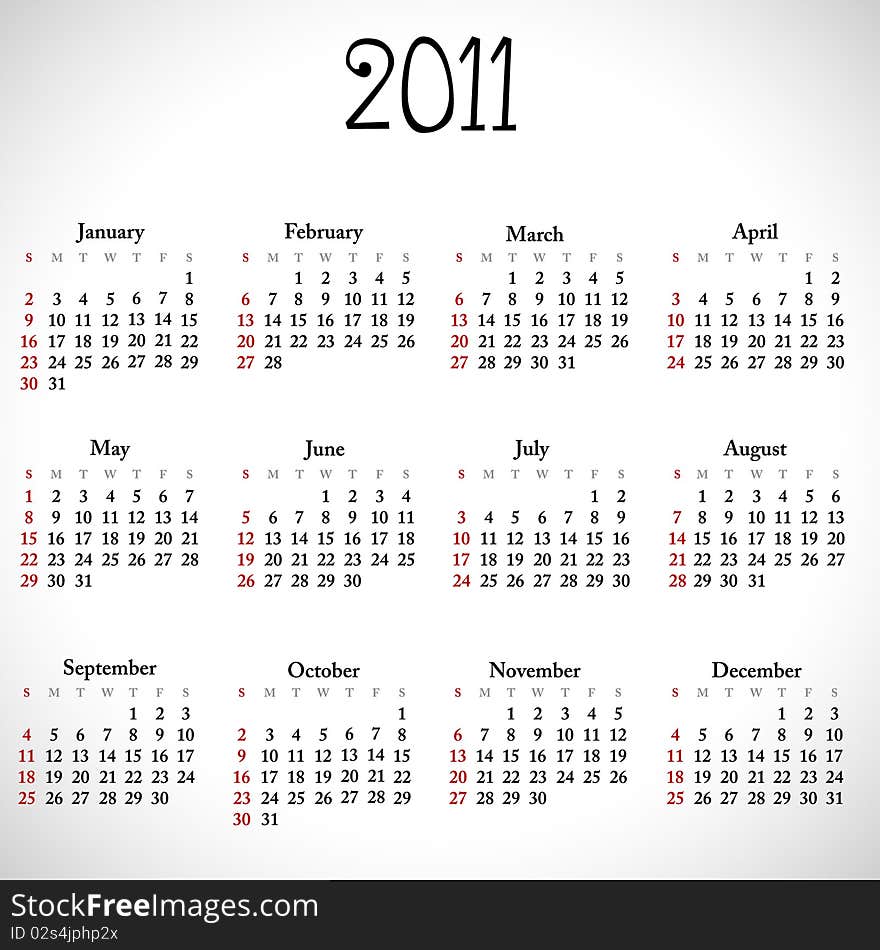 Simple calendar of 2011, easy to edit. Vector illustration. Simple calendar of 2011, easy to edit. Vector illustration.