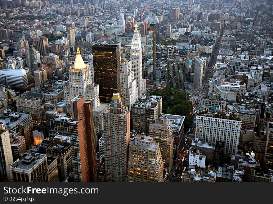 Aerial view of  Manhattan in New York city at sunset. Aerial view of  Manhattan in New York city at sunset