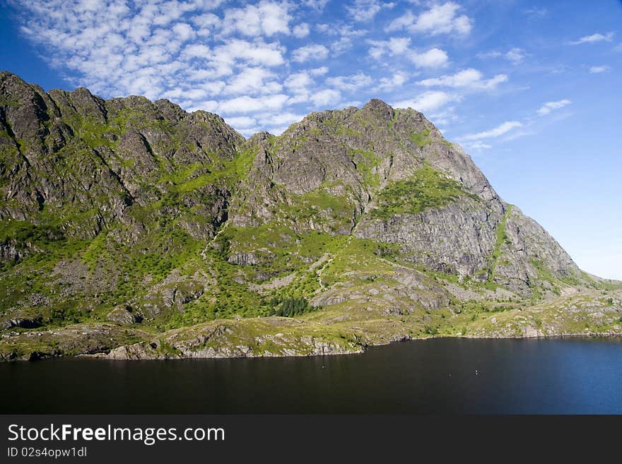 Lofoten archipelago mountain massive in Norway. Lake Agvatnet