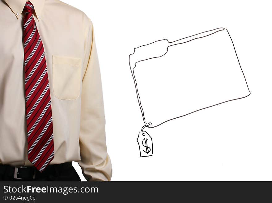 Man in a shirt and a tie standing next to a drawing of a folder. Add your text to the folder. Man in a shirt and a tie standing next to a drawing of a folder. Add your text to the folder.