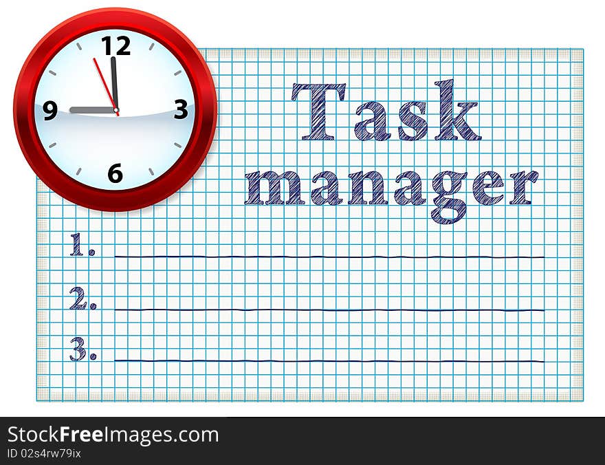 Clock face on a piece of paper with a list of tasks. Blank space for text. Clock face on a piece of paper with a list of tasks. Blank space for text