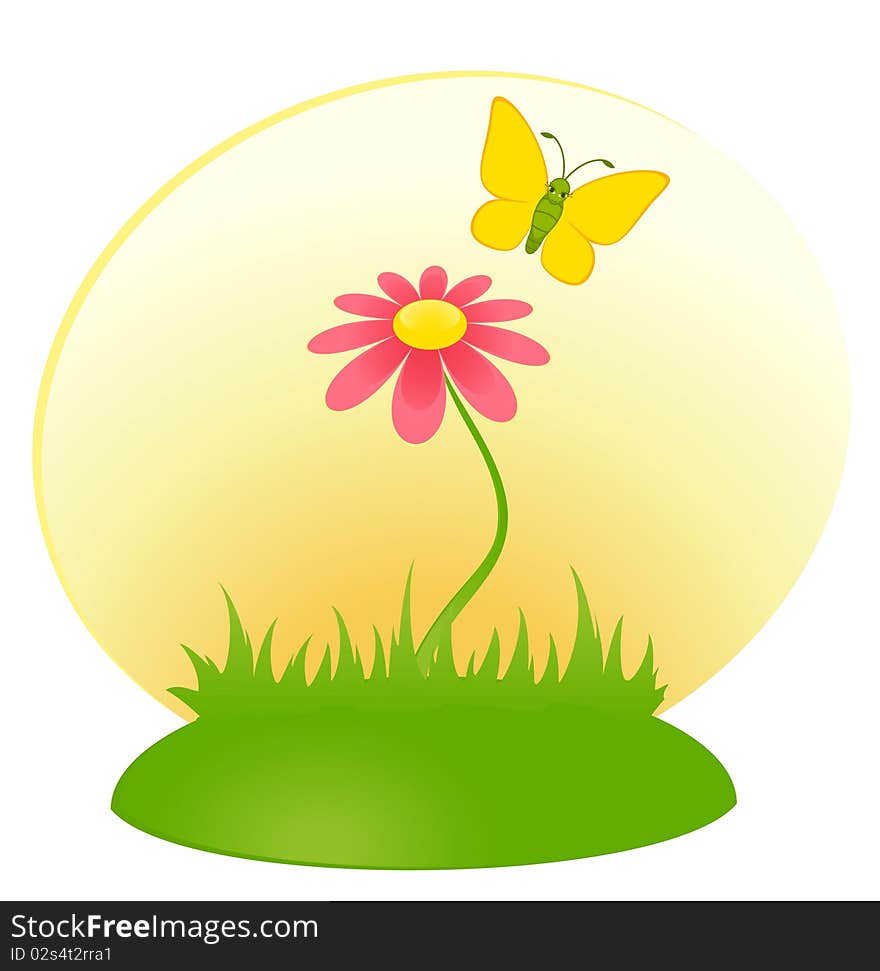 Cartoon background with camomile and butterfly