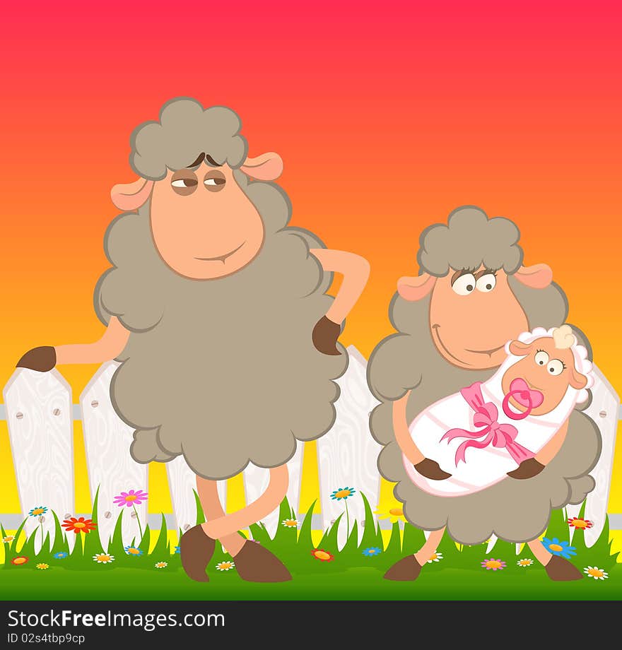 Cartoon smiling sheep with scribble baby carriage