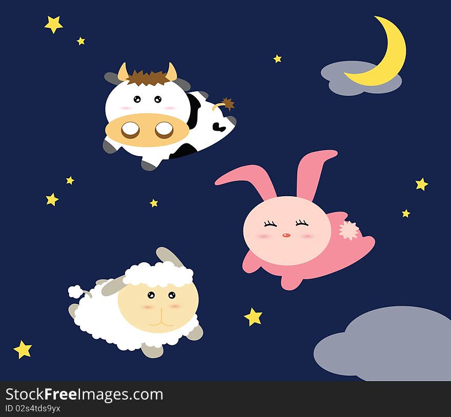 Illustration of Cow, Rabbit, Sheep flying in the sky at night. Illustration of Cow, Rabbit, Sheep flying in the sky at night