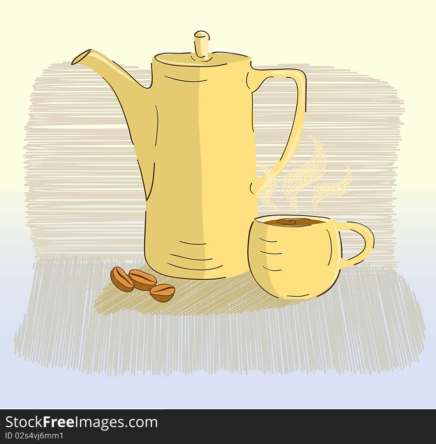 Cup of coffee and coffee pot on grange background. Cup of coffee and coffee pot on grange background