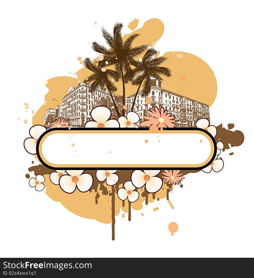 Banner with palm trees and flowers on a white background