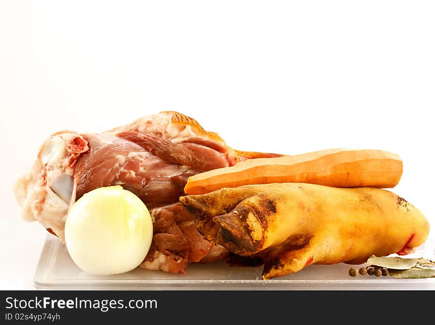 Set of products for beef aspic on a white background