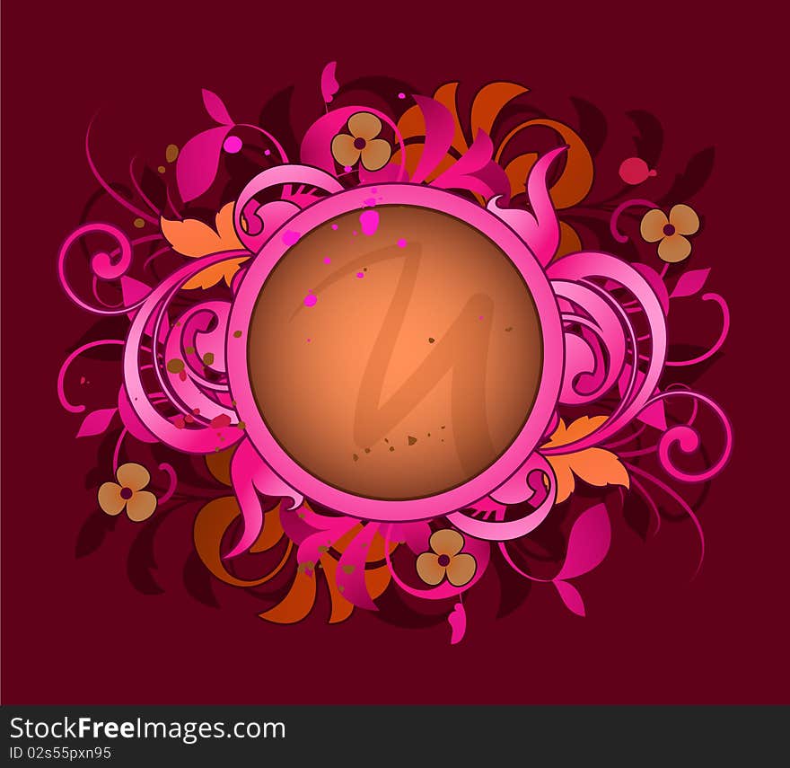 Round frame is decorated flowers and design elements