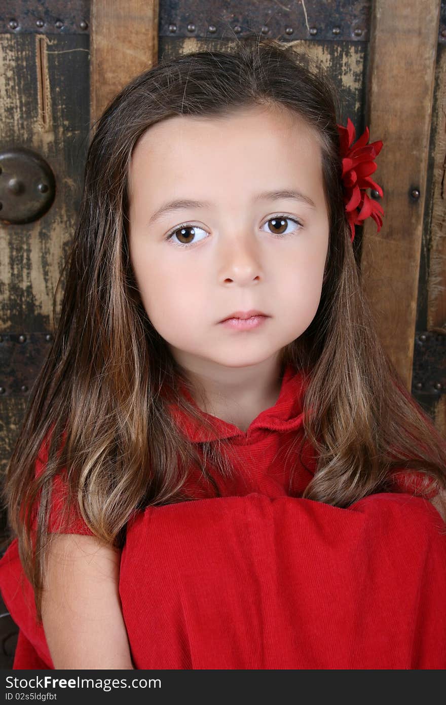 Serious looking girl with a red flower in her hair. Serious looking girl with a red flower in her hair