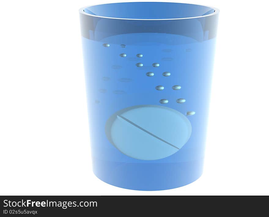 3D rendered blue glass with watersoluble white pill on white background