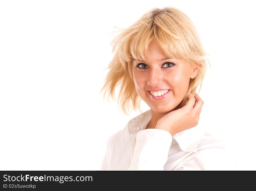 Portrait of beautiful and young smiling girl on a white