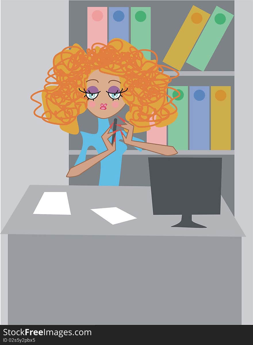 Girl on her workplace.Illustration