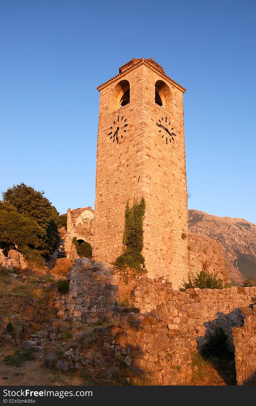 Clock tower among ruins of the Old Town of Bar in Montenegro. Clock tower among ruins of the Old Town of Bar in Montenegro