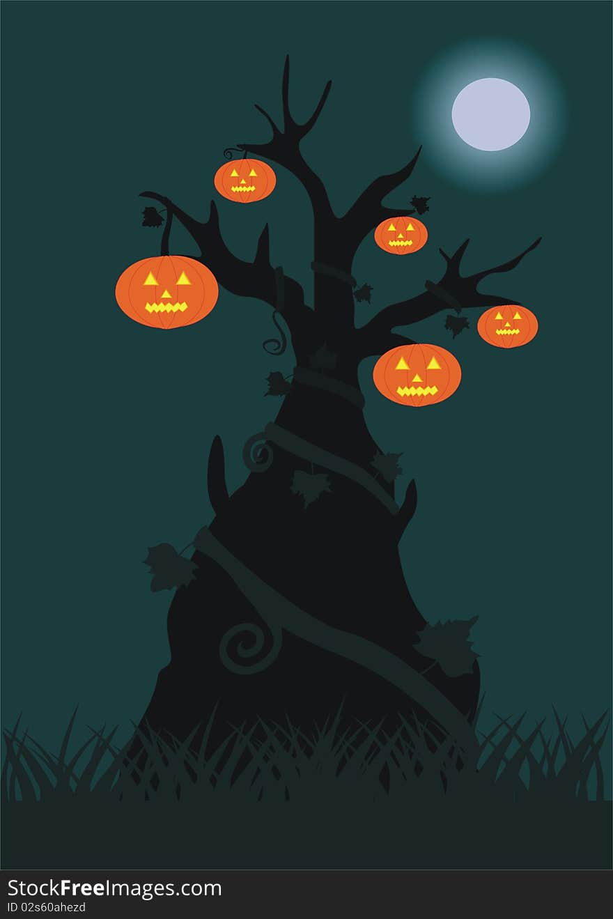 Worst tree with pumpkin.Illustration. Worst tree with pumpkin.Illustration