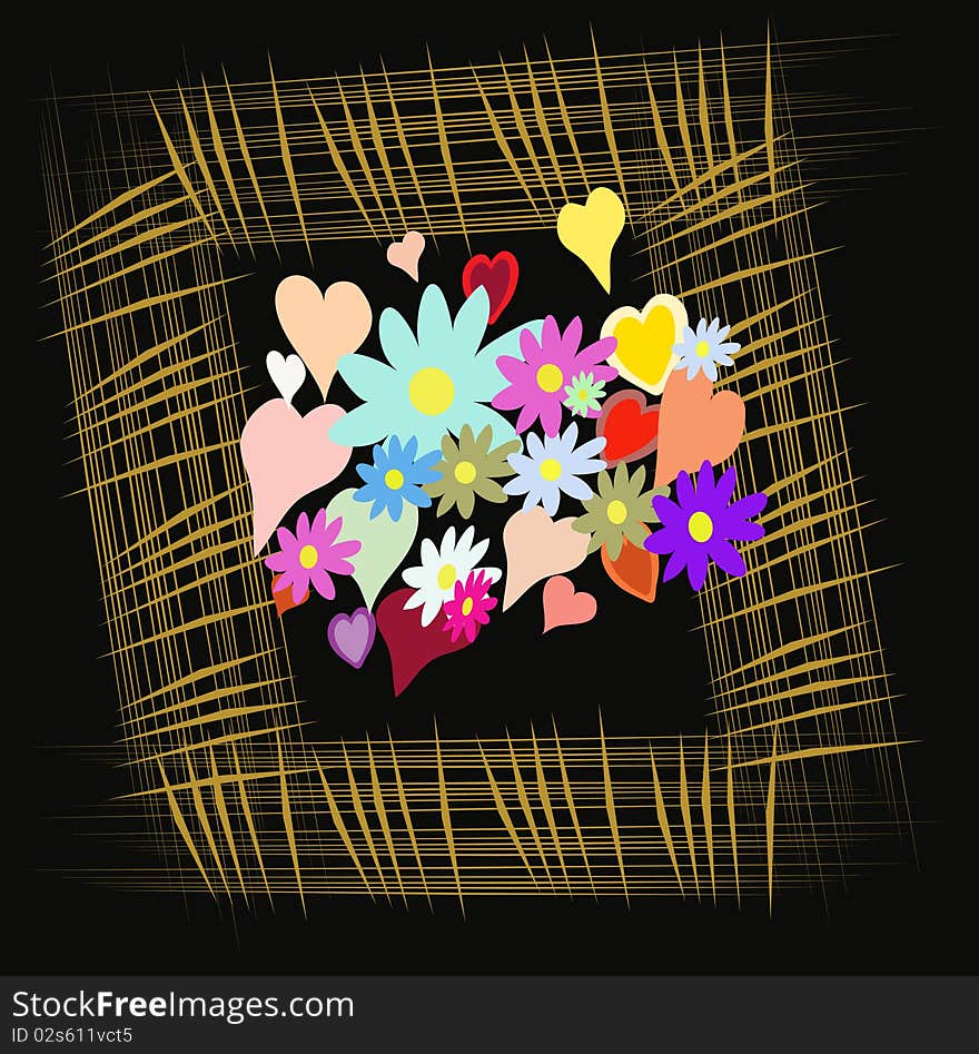 Frame with flower and heart on black background