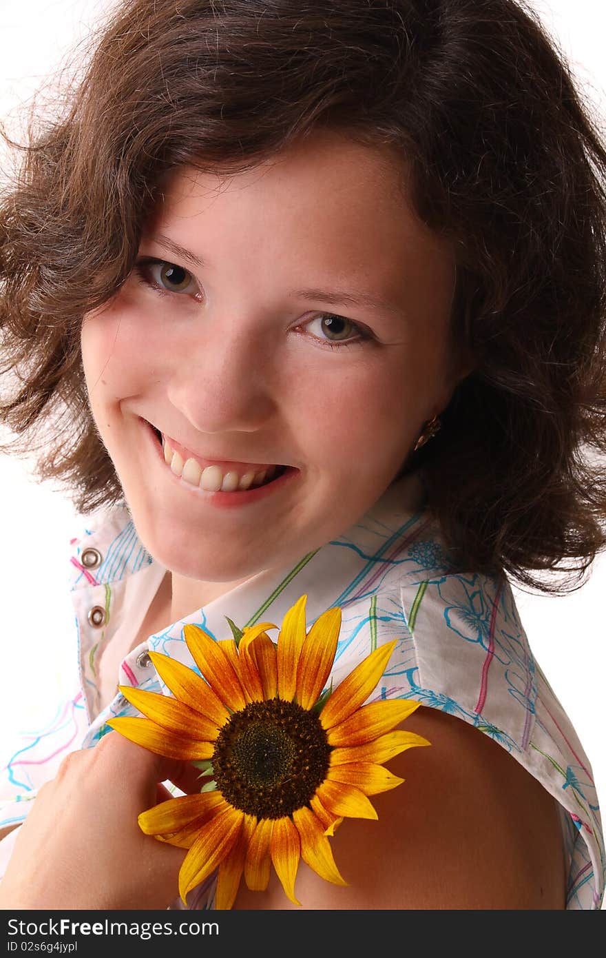 Happy beautiful woman with sunflower