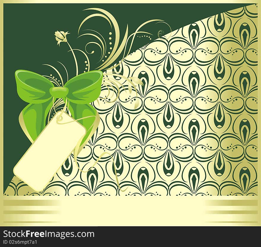 Green bow with ornament. Decorative card. Illustration