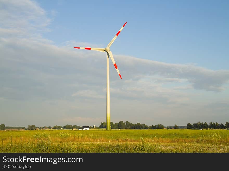 Wind power station, blue sky