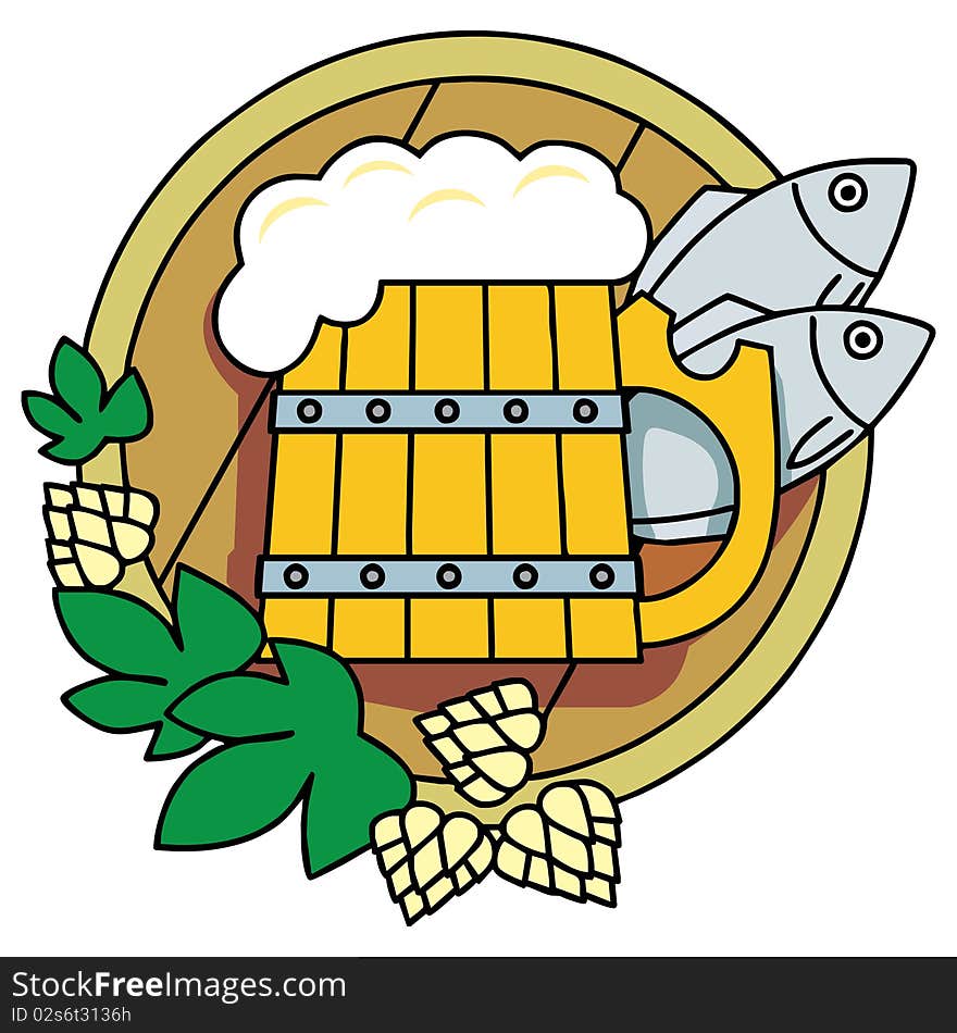 Beer With Hops, A Barrel And Fish.