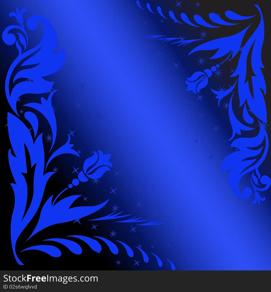 Abstract black background with a blue stripe and flowers. Abstract black background with a blue stripe and flowers