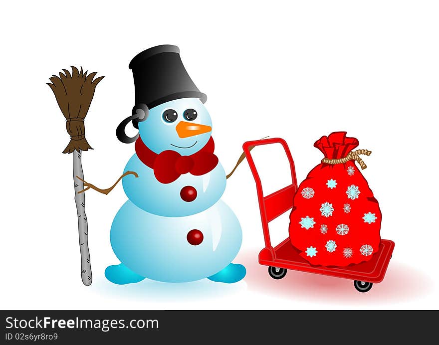 Vector illustration the Christmas snowman with gifts in a sack on a red wheelbarrow