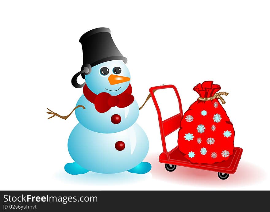 Vector illustration the Christmas snowman with gifts in a sack on a red wheelbarrow