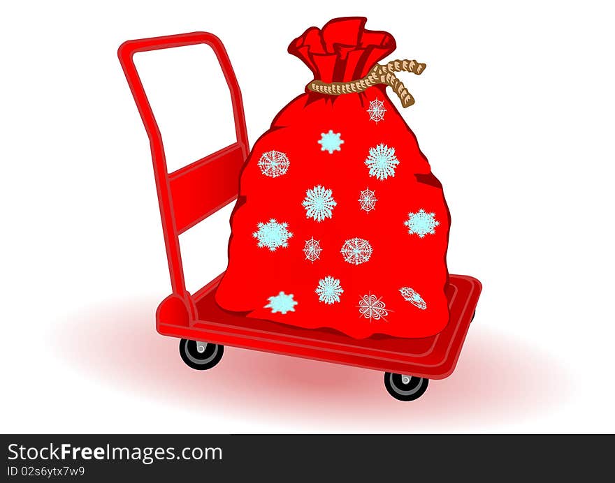 Vector illustration the Christmas  gifts in a sack on a red wheelbarrow. Vector illustration the Christmas  gifts in a sack on a red wheelbarrow