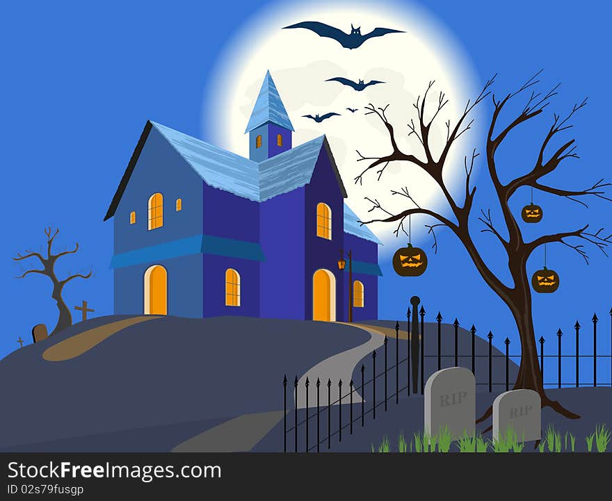 Halloween pumpkin and house. Vector. EPS8.