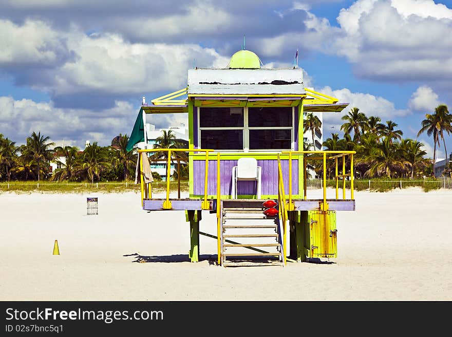 Wooden bay watch hut at the beach in South Miami