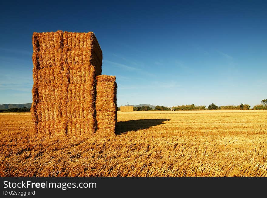 Stacks of hay under a deep blue sky of Catalonia. Spain, Catalonia ,Costa brava. Stacks of hay under a deep blue sky of Catalonia. Spain, Catalonia ,Costa brava.