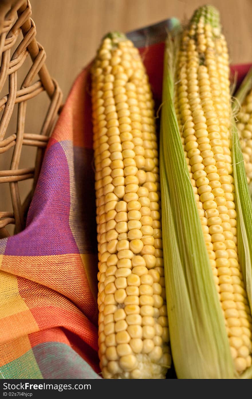 Raw corn on the cob in the basket