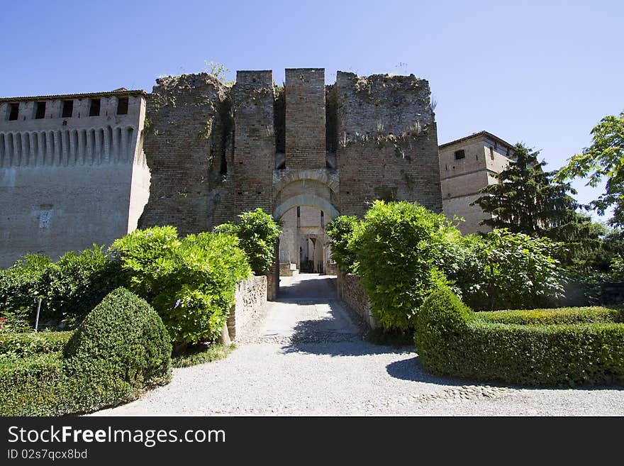 Ancient walls of the fifteenth-century castle of Montechiarugolo, Italy.