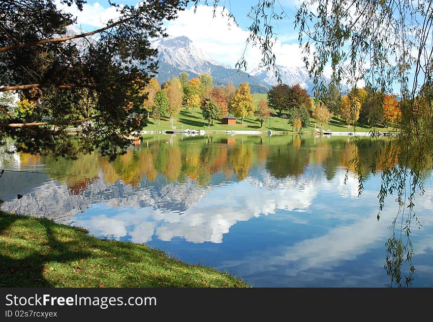 Beautiful reflection of austrian alps in lake called Ritzensee. Beautiful reflection of austrian alps in lake called Ritzensee