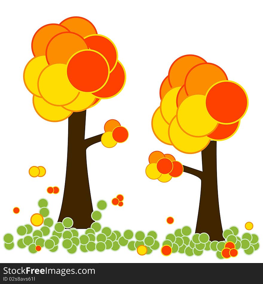 Stylised vector illustration of autumn trees with round leaves