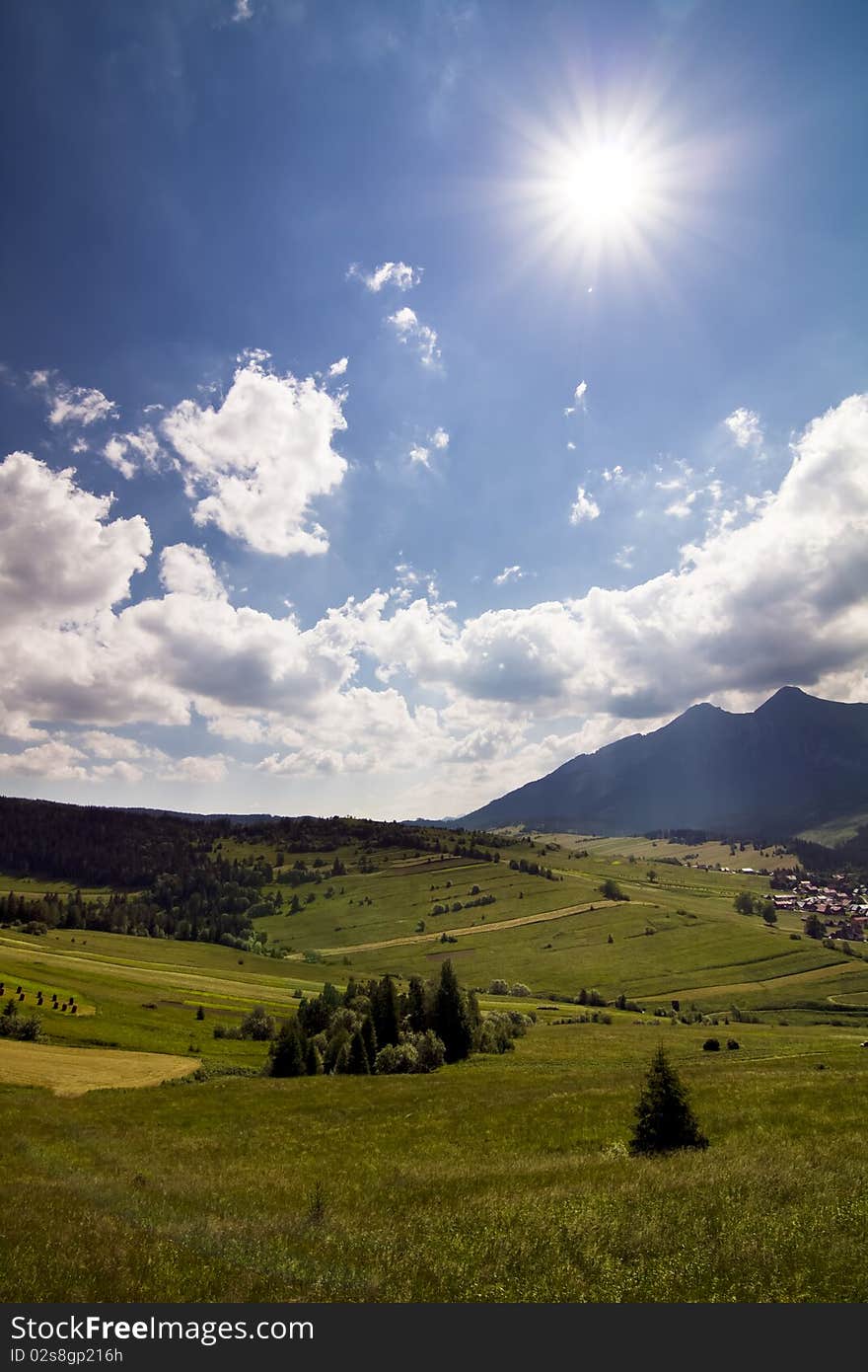 Pasture with a meadow and mountains