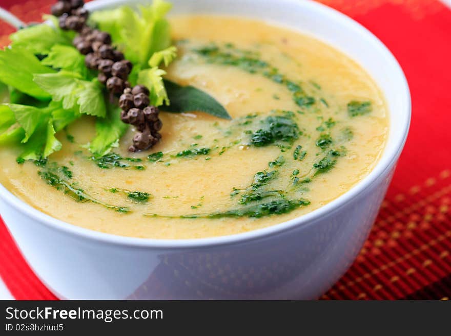 Thick vegetable soup in a cup. Thick vegetable soup in a cup