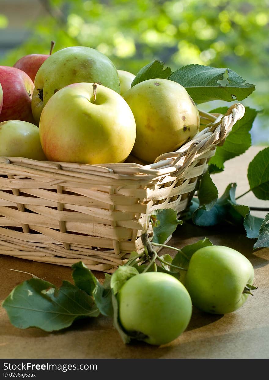 Fresh ripe apples in basket  on table