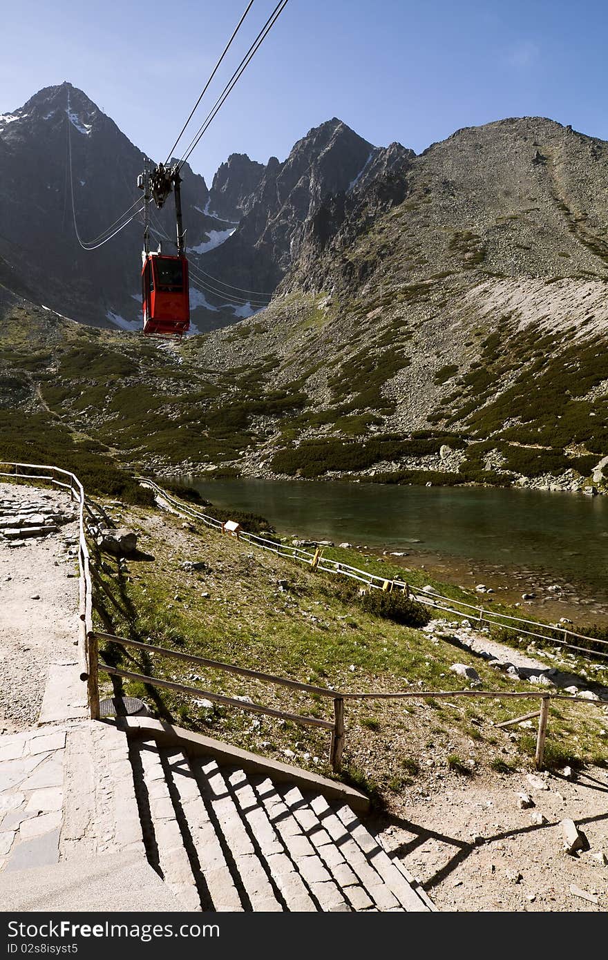 Red Mountain Cable Car with Mountain Range in Background