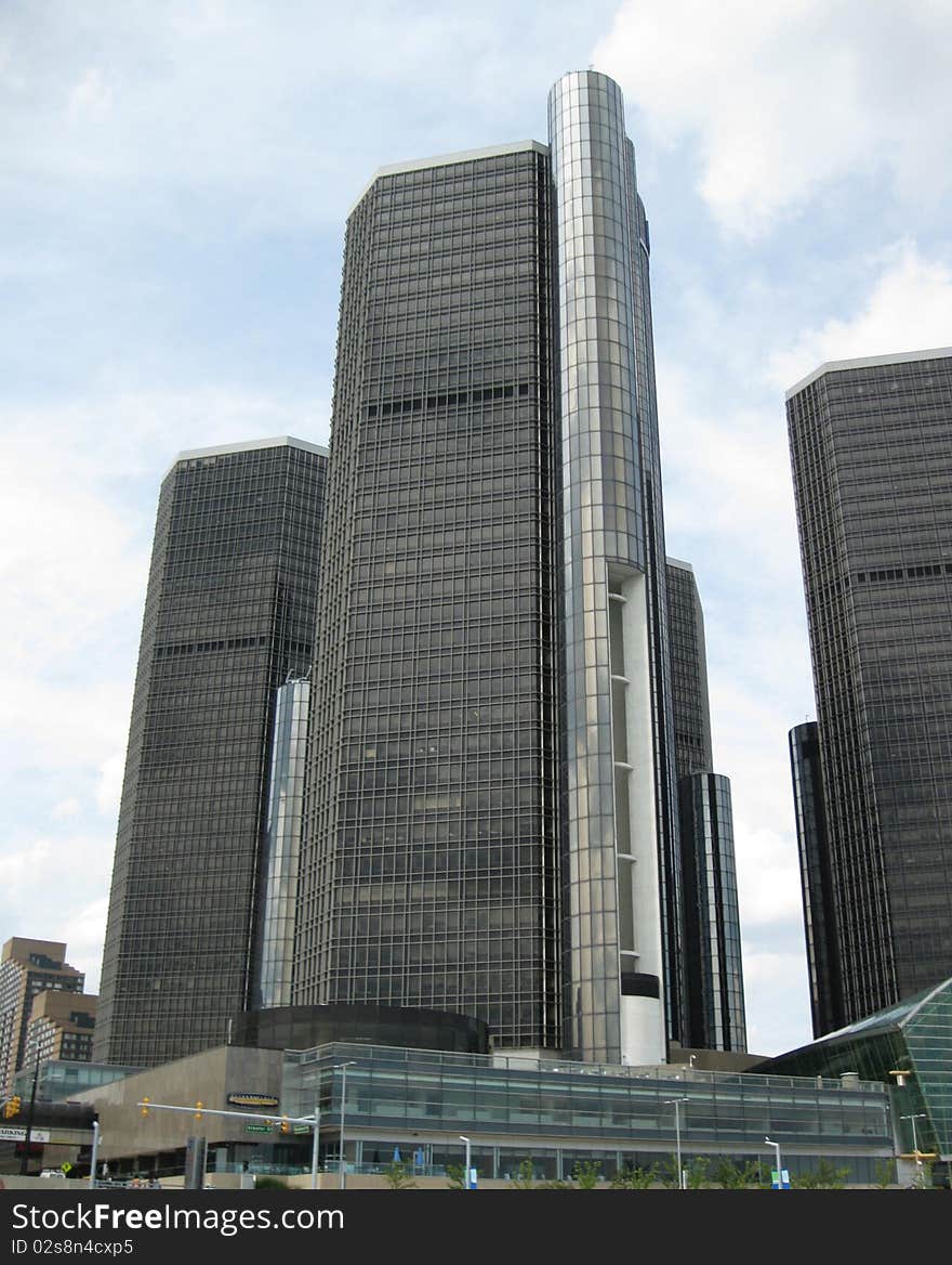 A skyline picture from the ground up of the Detroit Renaissance Center. A skyline picture from the ground up of the Detroit Renaissance Center.