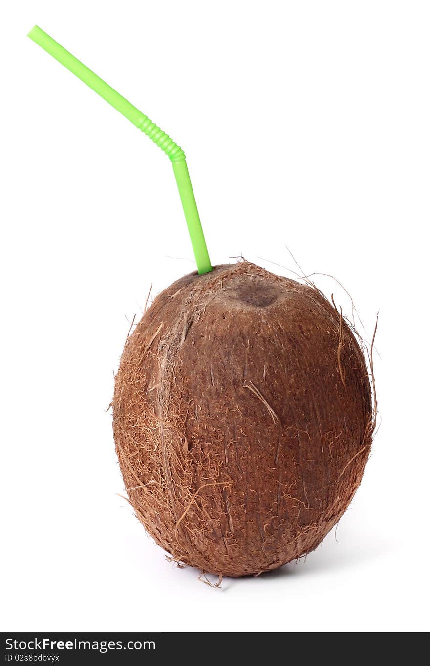 Coconut with straw isolated on white