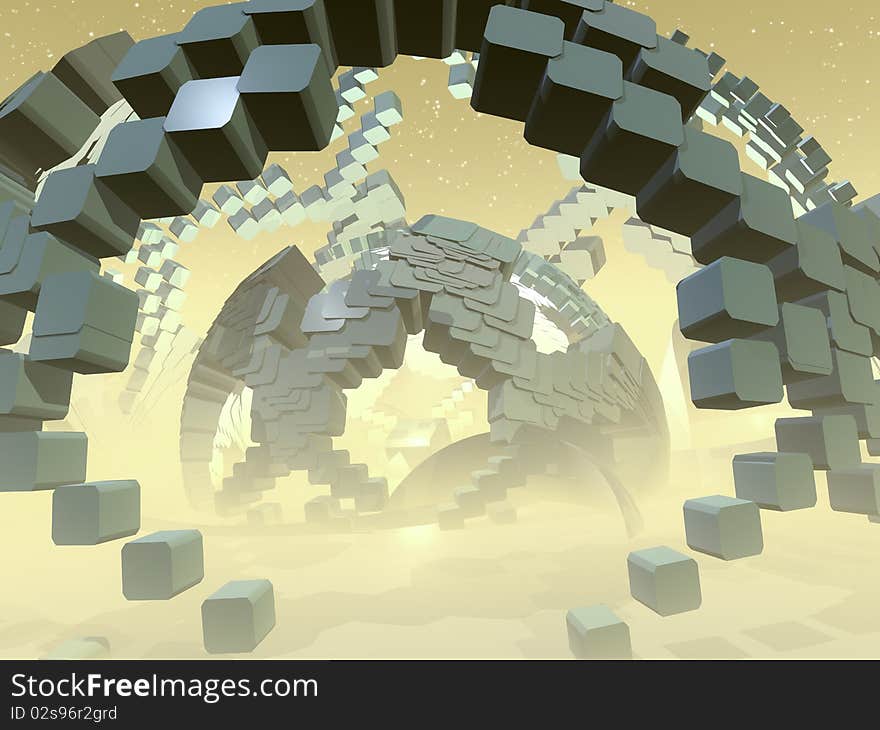 A frame of an abstract stage hall with a dome from cubes. A frame of an abstract stage hall with a dome from cubes.