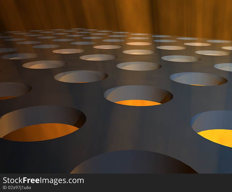 A close up of a grid stage floor with holes and rays of light streaming through. A close up of a grid stage floor with holes and rays of light streaming through.